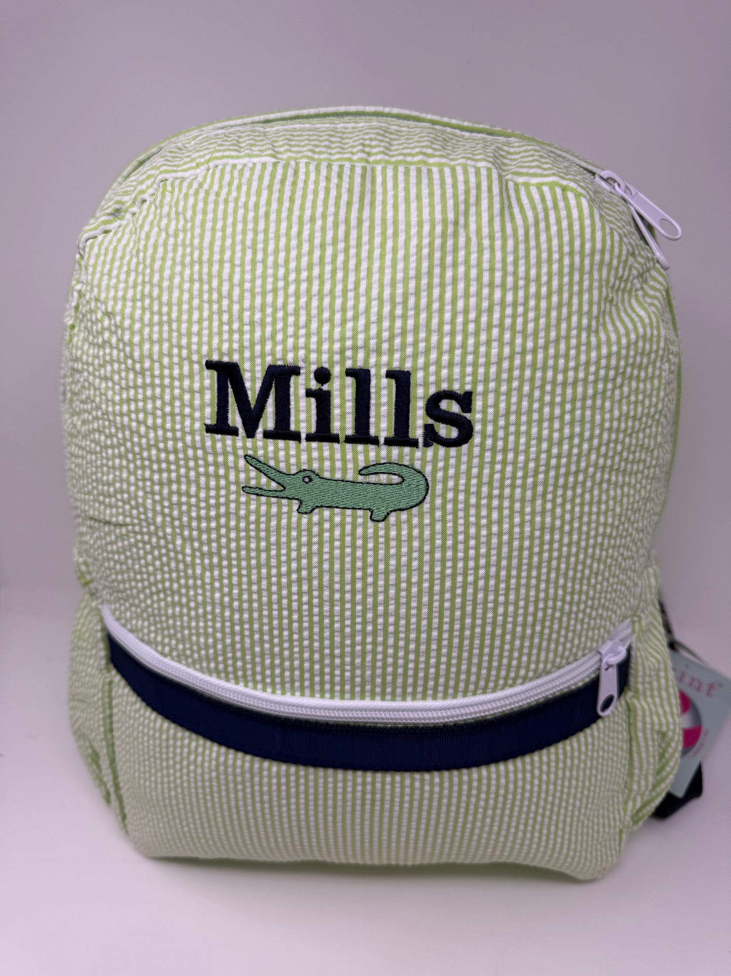 Grasshopper Green & Navy  Seersucker Medium Size Monogrammed Backpack