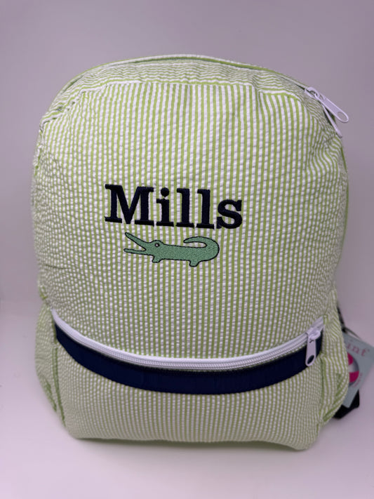Grasshopper Green & Navy  Seersucker Medium Size Monogrammed Backpack